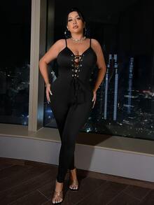 SHEIN SXY Plus Lace Up Front Cami Unitard Jumpsuit - Black - View 3