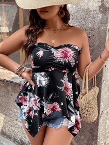 SHEIN LUNE Plus Floral Print Ruched Bust Frill Trim Hanky Hem Tube Top - Multicolor - View 6