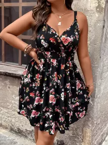 EMERY ROSE Vestido de verano bohemio de talla grande con estampado floral tipo camiseta de tirantes - Negro - Ver 3