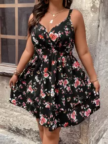 EMERY ROSE Vestido de verano bohemio de talla grande con estampado floral tipo camiseta de tirantes - Negro - Ver 4