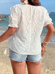 SHEIN Clasi Áo sơ mi Plus Size Xù Thắt nơ trước Tranh thêu màu trơn Giải trí - Màu be - Xem 2