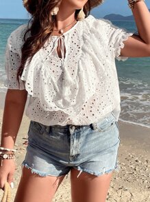 SHEIN Clasi Áo sơ mi Plus Size Xù Thắt nơ trước Tranh thêu màu trơn Giải trí - Màu be - Xem 3