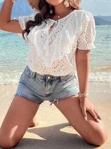 SHEIN Clasi Áo sơ mi Plus Size Xù Thắt nơ trước Tranh thêu màu trơn Giải trí - Màu be - Xem 10