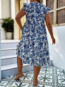 Breezaya Plus Floral Print Notched Neckline Ruffle Hem Smock Dress - Blue and White - View 2