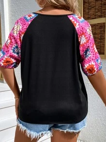 SHEIN LUNE Plus Floral Print Raglan Sleeve Tee - Black - View 2