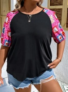 SHEIN LUNE Plus Floral Print Raglan Sleeve Tee - Black - View 4