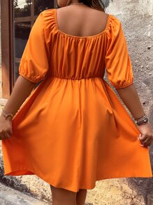 SHEIN Clasi Vestido escote corazón fruncido delantero de manga farol - Naranja - Ver 2