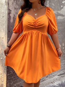SHEIN Clasi Vestido escote corazón fruncido delantero de manga farol - Naranja - Ver 3