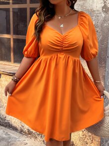 SHEIN Clasi Vestido escote corazón fruncido delantero de manga farol - Naranja - Ver 4