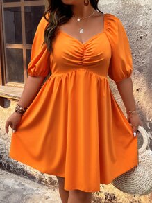 SHEIN Clasi Vestido escote corazón fruncido delantero de manga farol - Naranja - Ver 5