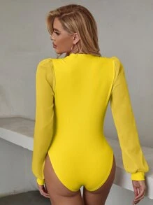 EMERY ROSE Solid Surplice Neck Lantern Sleeve Bodysuit Fall Cloth For Women - Yellow - View 2