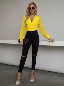 EMERY ROSE Solid Surplice Neck Lantern Sleeve Bodysuit Fall Cloth For Women - Yellow - View 4