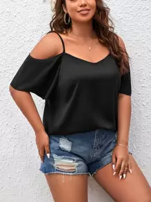 SHEIN LUNE Plus Cold Shoulder Solid Blouse - Black - View 1