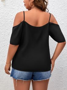 SHEIN LUNE Plus Cold Shoulder Solid Blouse - Black - View 2