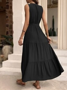 Breezaya Đầm Viên lá sen Thắt lưng màu trơn Giải trí - màu đen - Xem 2