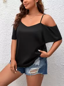 SHEIN LUNE Plus Cold Shoulder Solid Blouse - Black - View 4