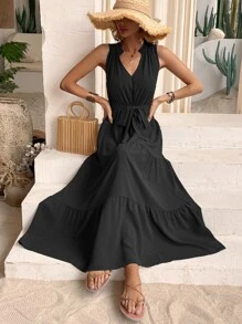 Breezaya Đầm Viên lá sen Thắt lưng màu trơn Giải trí - màu đen - Xem 4