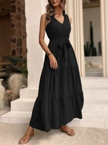 Breezaya Đầm Viên lá sen Thắt lưng màu trơn Giải trí - màu đen - Xem 5