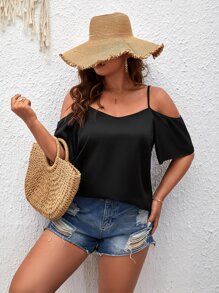 SHEIN LUNE Plus Cold Shoulder Solid Blouse - Black - View 5