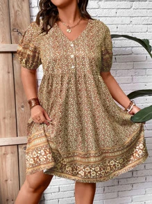 SHEIN Holidaya 大碼碎花泡泡袖連衣裙 - 彩色 - 查看 4