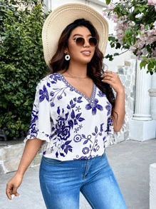 SHEIN Clasi 大碼印花荷葉袖襯衫 - 藍白色 - 查看 4