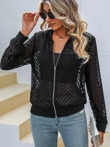 Chiquease Áo khoác nữ Dây kéo màu trơn Giải trí - màu đen - Xem 3