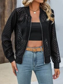 Chiquease Áo khoác nữ Dây kéo màu trơn Giải trí - màu đen - Xem 4