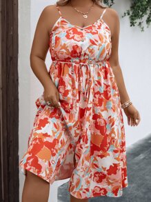 SHEIN Holidaya 大碼滿版圖案前打結吊帶洋裝