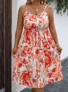 SHEIN Holidaya 大碼滿版圖案前打結吊帶洋裝