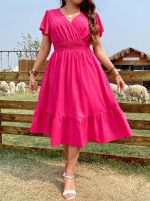 SHEIN Clasi Đầm Plus Size Viên lá sen Trọn gói Dải chun màu trơn Giải trí - Màu Hồng Tươi - Xem 1