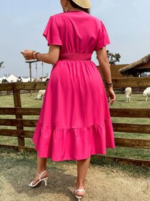 SHEIN Clasi Đầm Plus Size Viên lá sen Trọn gói Dải chun màu trơn Giải trí - Màu Hồng Tươi - Xem 2