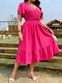 SHEIN Clasi Đầm Plus Size Viên lá sen Trọn gói Dải chun màu trơn Giải trí - Màu Hồng Tươi - Xem 5