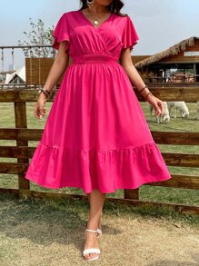 SHEIN Clasi Đầm Plus Size Viên lá sen Trọn gói Dải chun màu trơn Giải trí - Màu Hồng Tươi - Xem 8