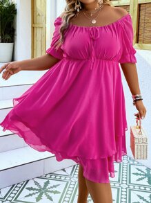 SHEIN LUNE Plus Off Shoulder Knot Front Layered Hem Dress - Hot Pink - View 3