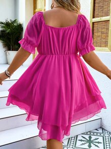 SHEIN LUNE Plus Off Shoulder Knot Front Layered Hem Dress - Hot Pink - View 4