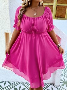 SHEIN LUNE Plus Off Shoulder Knot Front Layered Hem Dress - Hot Pink - View 5