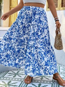 SHEIN Clasi 加大码全印花荷叶边下摆半身裙 女式秋季半身裙 - 藍色 - 查看 3