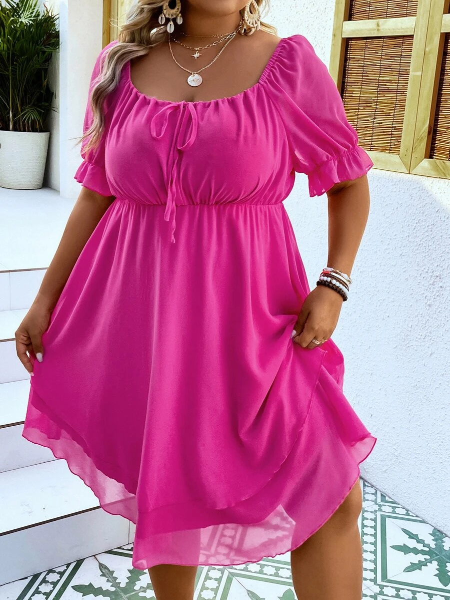 SHEIN LUNE Plus Off Shoulder Knot Front Layered Hem Dress - Hot Pink - View 1