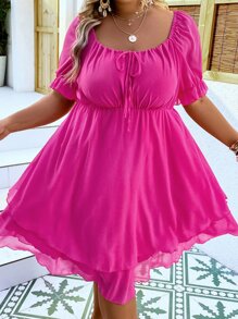 SHEIN LUNE Plus Off Shoulder Knot Front Layered Hem Dress - Hot Pink - View 6