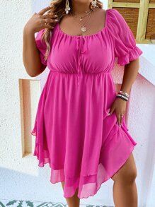 SHEIN LUNE Plus Off Shoulder Knot Front Layered Hem Dress - Hot Pink - View 2