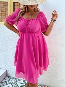 SHEIN LUNE Plus Off Shoulder Knot Front Layered Hem Dress - Hot Pink - View 7