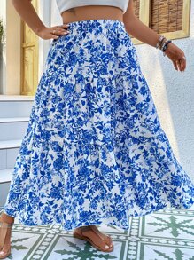 SHEIN Clasi 加大码全印花荷叶边下摆半身裙 女式秋季半身裙 - 藍色 - 查看 7