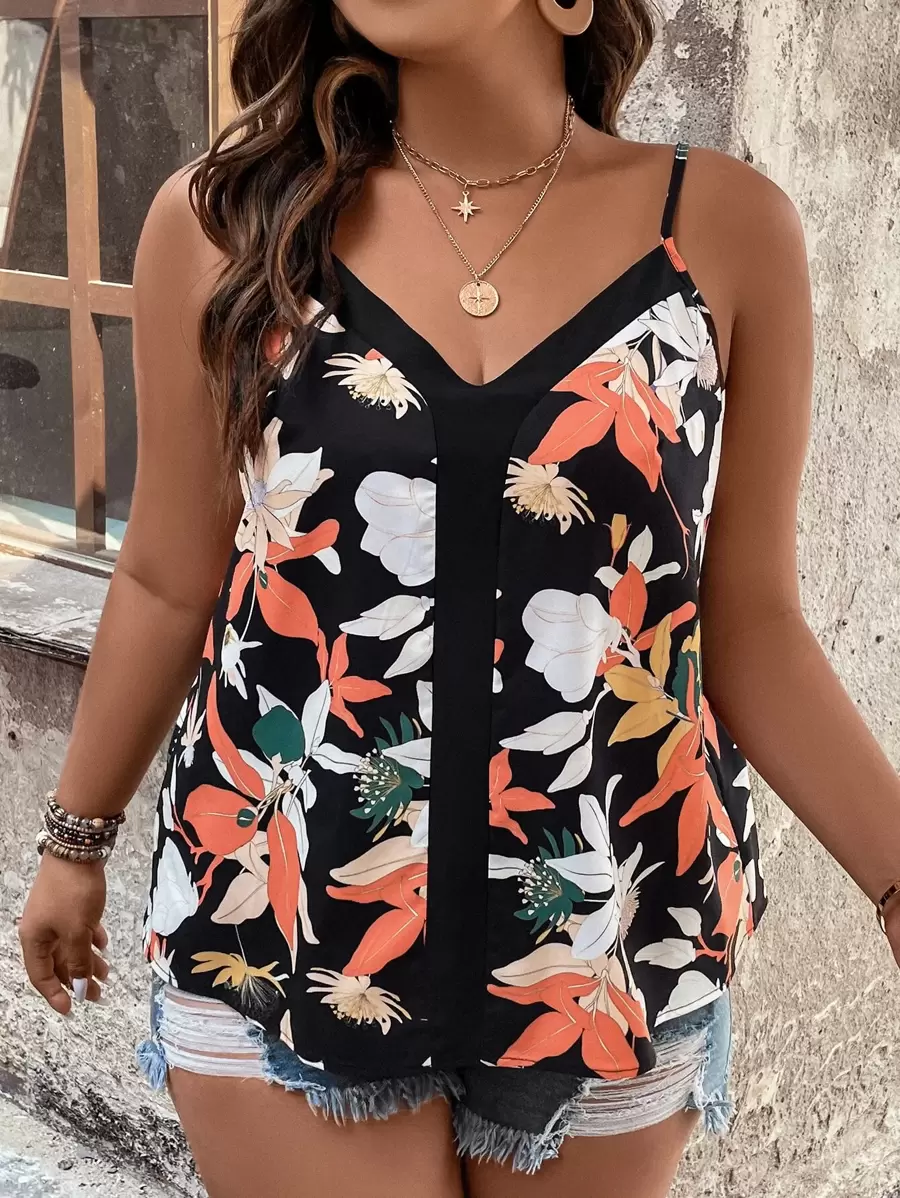 Breezaya Parte superior tipo camiseta de tirantes con estampado floral para tallas grandes, ideal para el verano - Multicolor - Ver 1