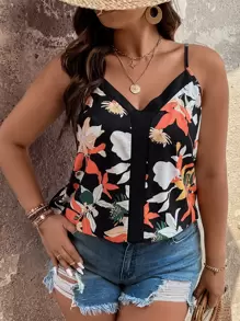 Breezaya Parte superior tipo camiseta de tirantes con estampado floral para tallas grandes, ideal para el verano - Multicolor - Ver 8