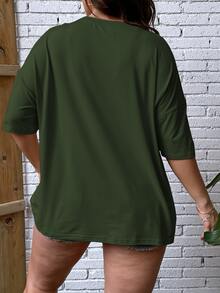 SHEIN LUNE Plus Fringe Trim Patched Pocket Drop Shoulder Tee - Dark Green - View 2