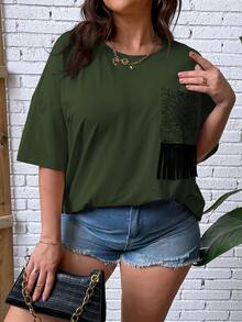SHEIN LUNE Plus Fringe Trim Patched Pocket Drop Shoulder Tee - Dark Green - View 4