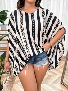 SHEIN LUNE Plus Striped & Chain Print Batwing Sleeve Blouse - Multicolor - View 1