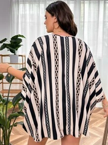 SHEIN LUNE Plus Striped & Chain Print Batwing Sleeve Blouse - Multicolor - View 2