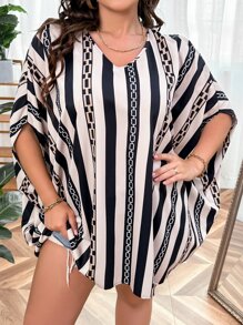 SHEIN LUNE Plus Striped & Chain Print Batwing Sleeve Blouse - Multicolor - View 3