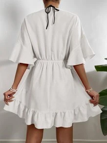 Breezaya Solid Tie Front Ruffle Hem Cover Up,Summer Beach - White - View 2